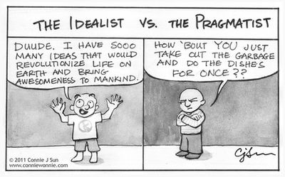 Comic contrasts an idealist's grand ideas with a pragmatist's practical demands.