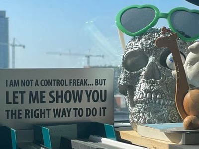 A humorous sign about control with a skull wearing green heart-shaped sunglasses.