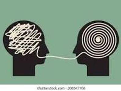 Illustration of two heads communicating complex and clear thoughts.