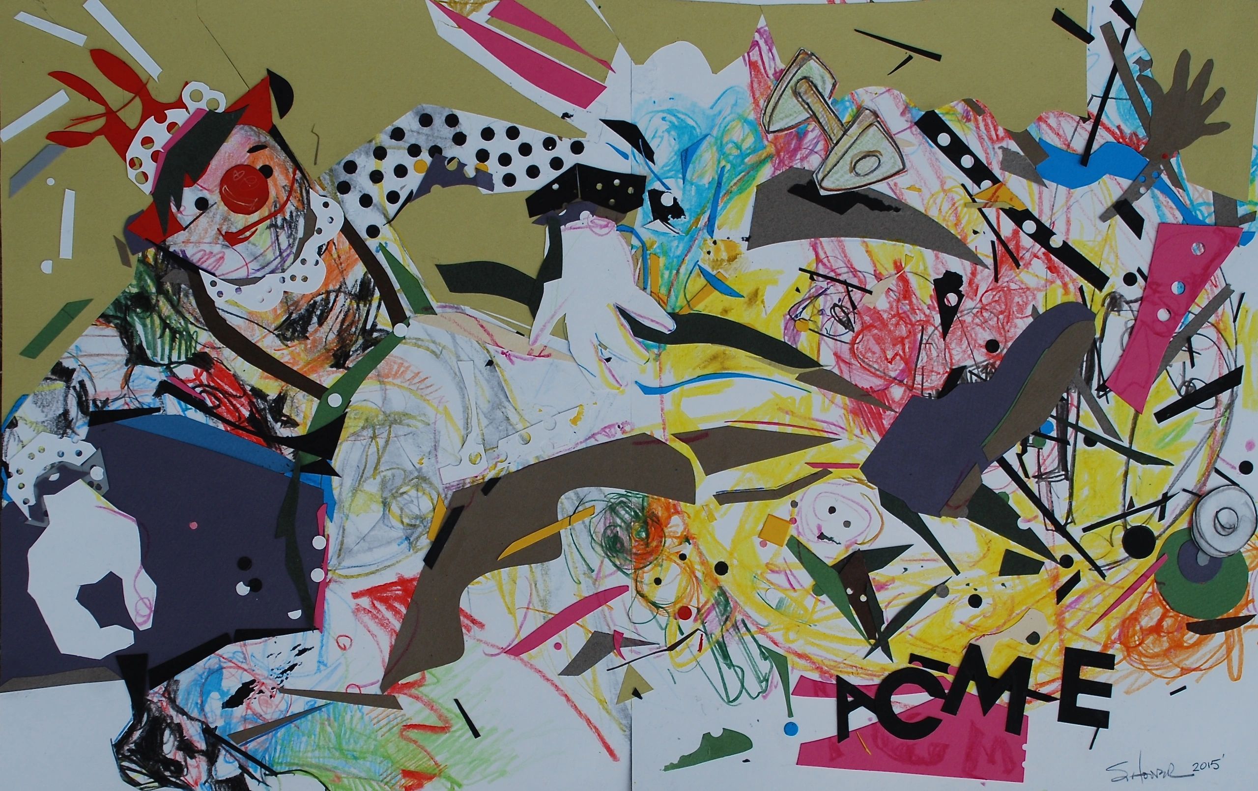 Colorful abstract collage featuring a playful clown with mixed media elements.