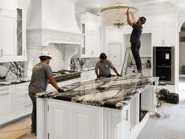 Workers installing in a luxurious white kitchen with marble countertops.