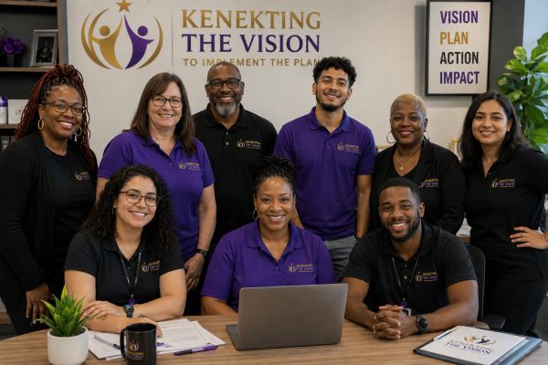A diverse team posing at a table with a laptop, smiling.