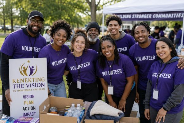 Group of volunteers posing happily at an outdoor event.