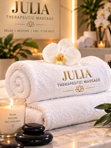Relaxing massage setup with towels and candles.
