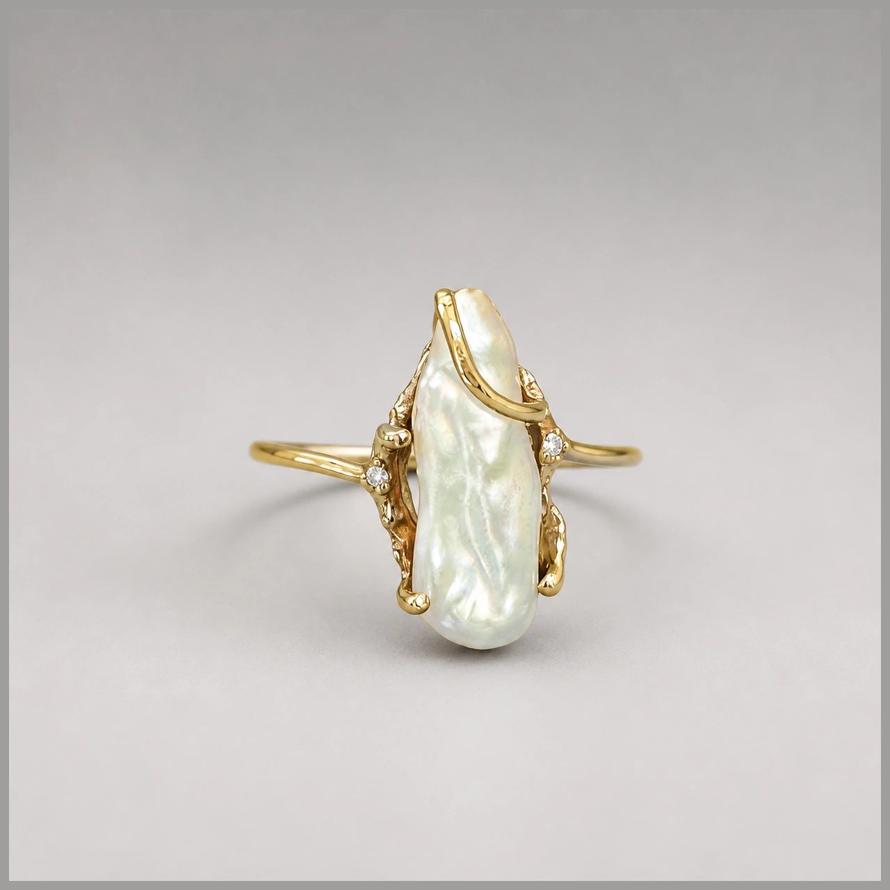 10K Diamond Chip and Pearl Ring, Size 7.25