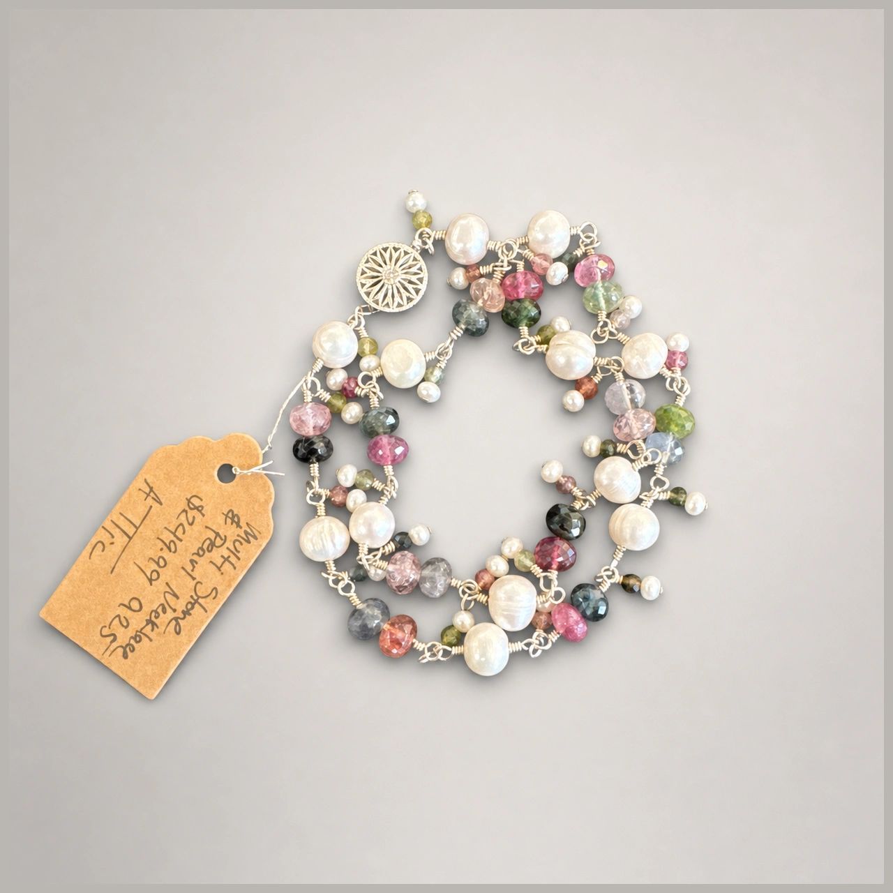 Sterling Multicolor Gem and Pearl Bracelet