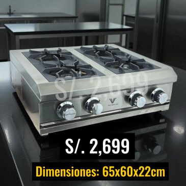 Estufa de cuatro quemadores con diseño moderno y dimensiones compactas.