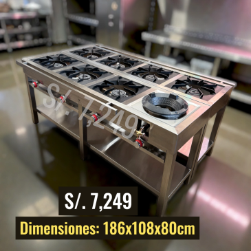 Industrial stainless steel gas stove with six burners and wok burner, priced at S/. 7,249.