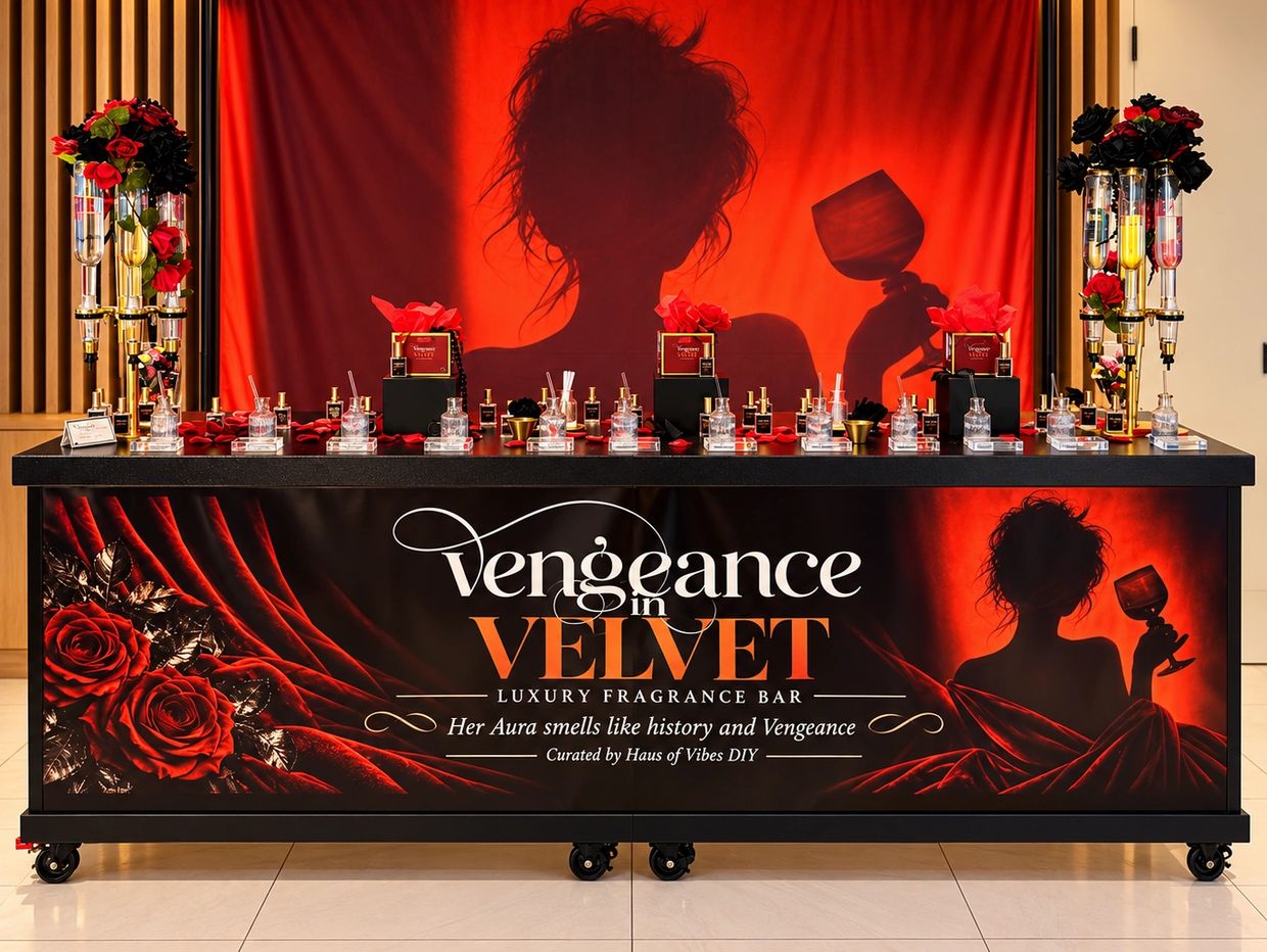 Luxury fragrance bar display with red and black theme.