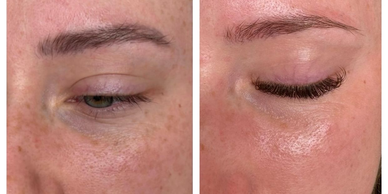 Close-up of an eye before and after eyelash extensions.