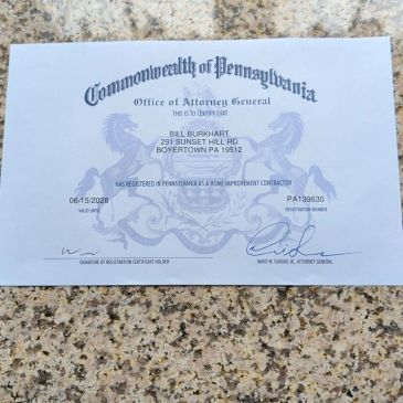 Certification as a home improvement contractor in Pennsylvania.