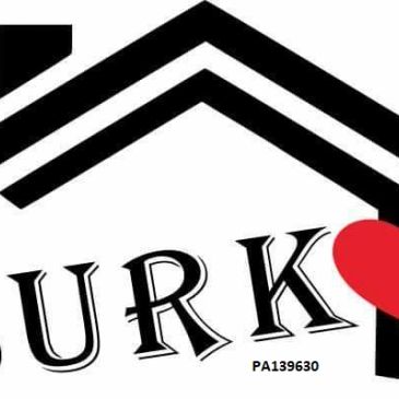 Logo with word BURK and a house roof design with a red heart.