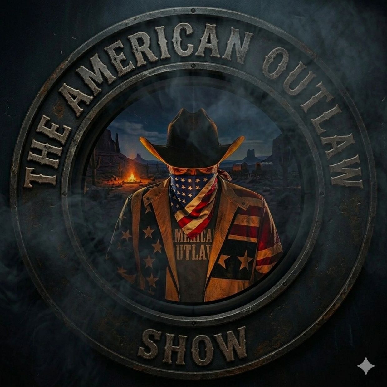 A mysterious outlaw in American flag attire with a cowboy hat.