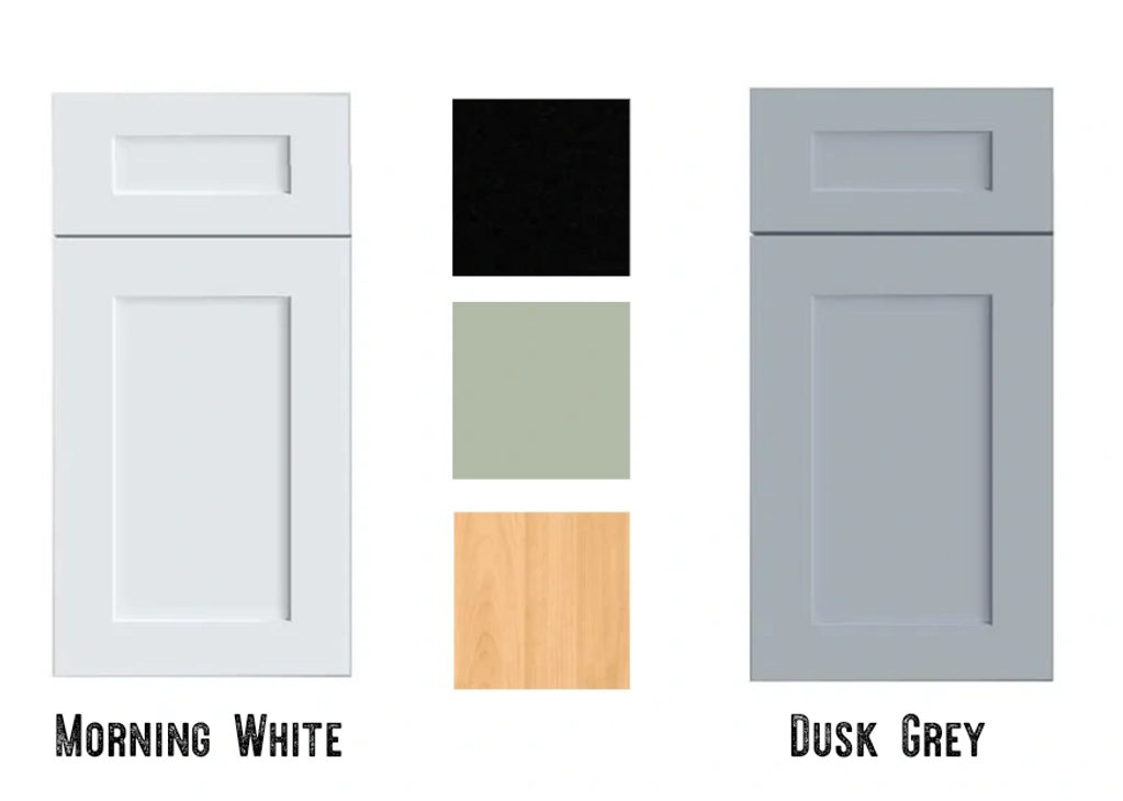 Kitchen Enterprises Milano shaker style doors in morning white and dusk grey colors,and three more 