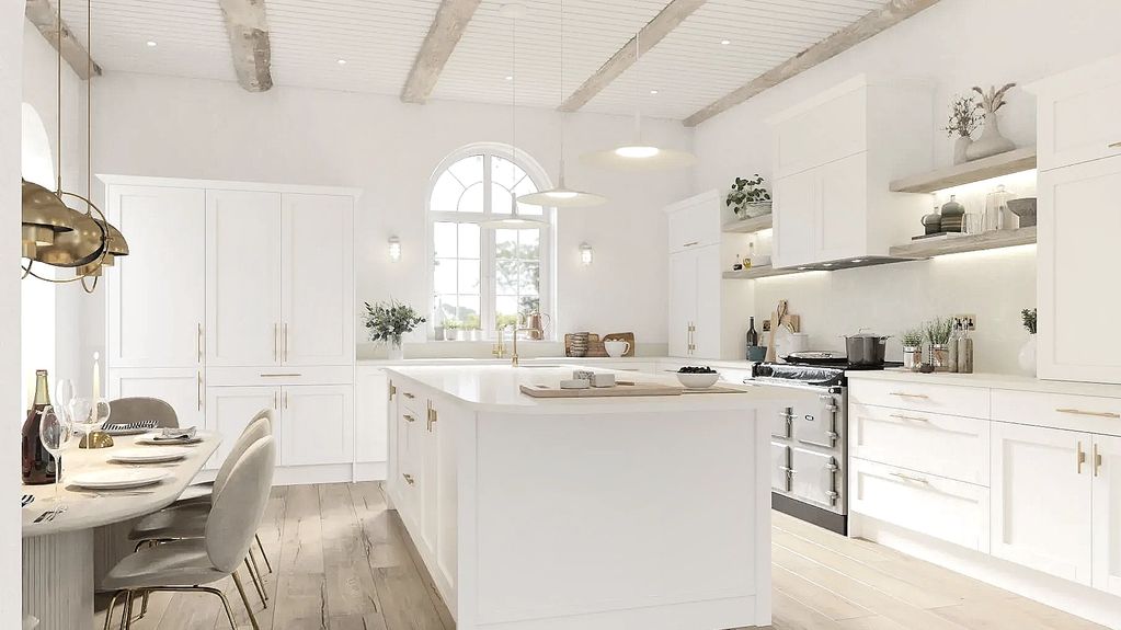 White shaker kitchen with light brown wood-look floor