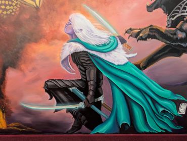 A white-haired warrior kneels with glowing swords and a flowing teal cape against a fiery sky.