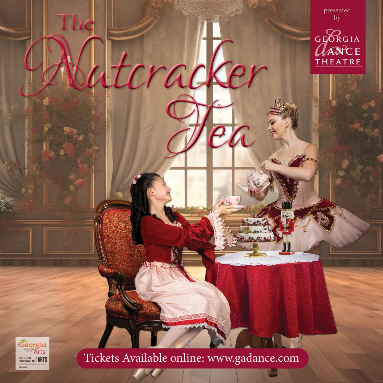 Nutcracker Tea ballet scene with two dancers in elegant costumes.