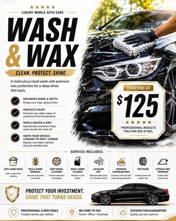 Luxury mobile auto care wash and wax service at $125.