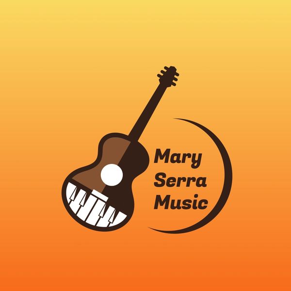 Mary Serra Music printed next to an image of a guitar whose base is a piano keyboard