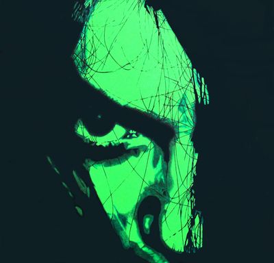 Death Rides a Yoshi by Jeanne Burris Johnson—A neon-green, high-contrast portrait with shadowed inte