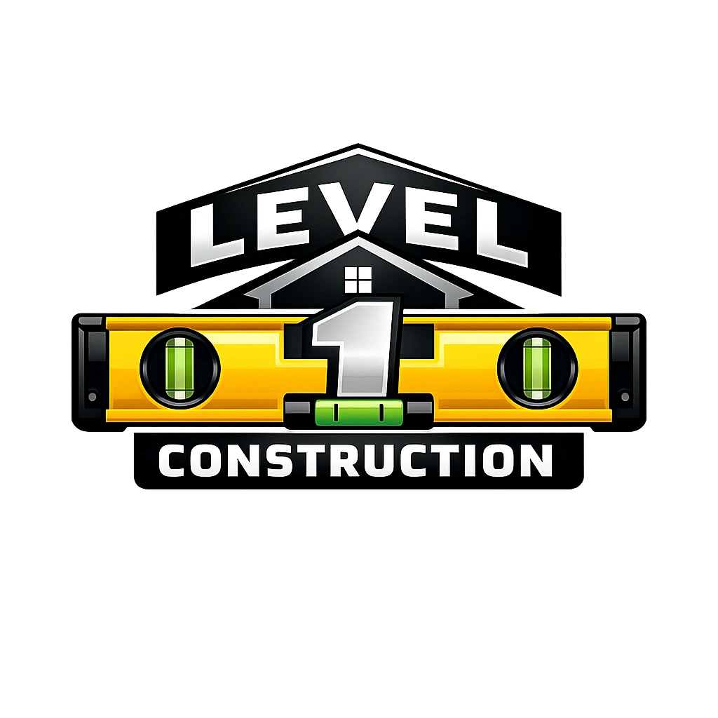 Logo for Level 1 Construction with a spirit level and house roof.