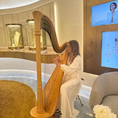 Luxury jewellery event corporate harp music woman playing harpist. Paspaley Sydney boutique opening