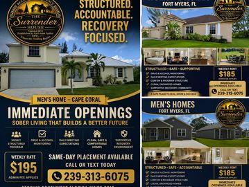 Advertisement for sober living homes in Cape Coral and Fort Myers, Florida with immediate openings.