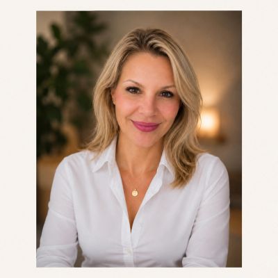 Smiling woman in white blouse with pendant necklace.