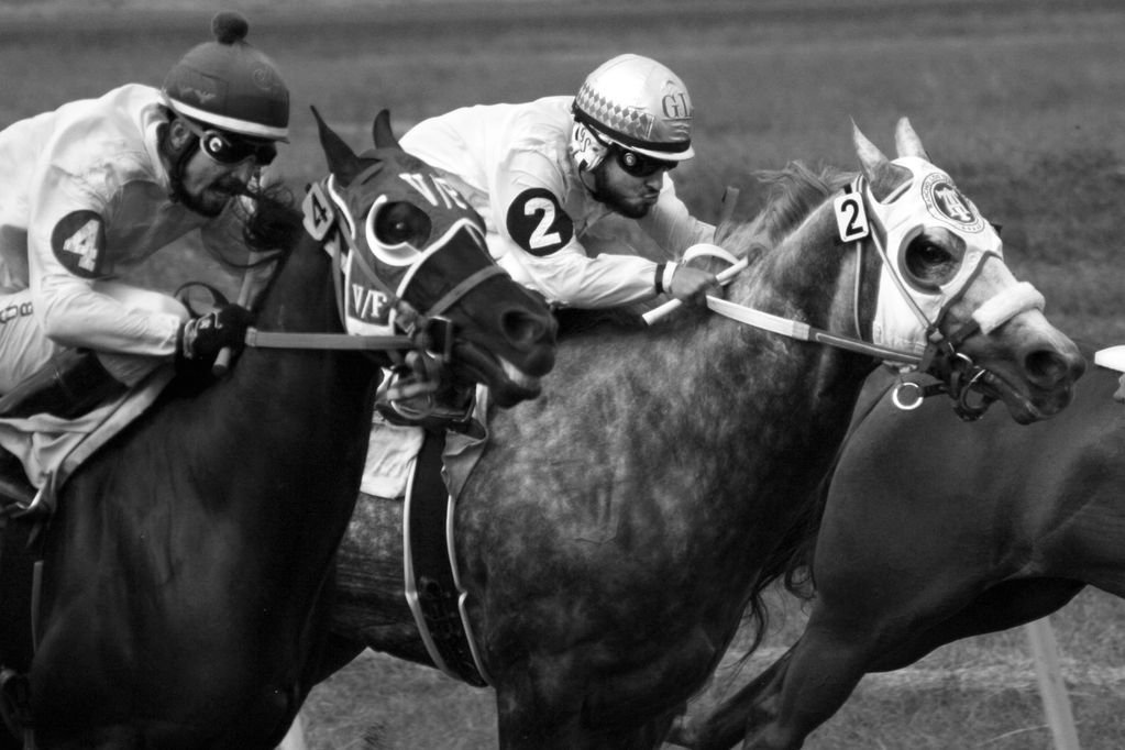 Two jockeys racing intensely on horses in a close competition.