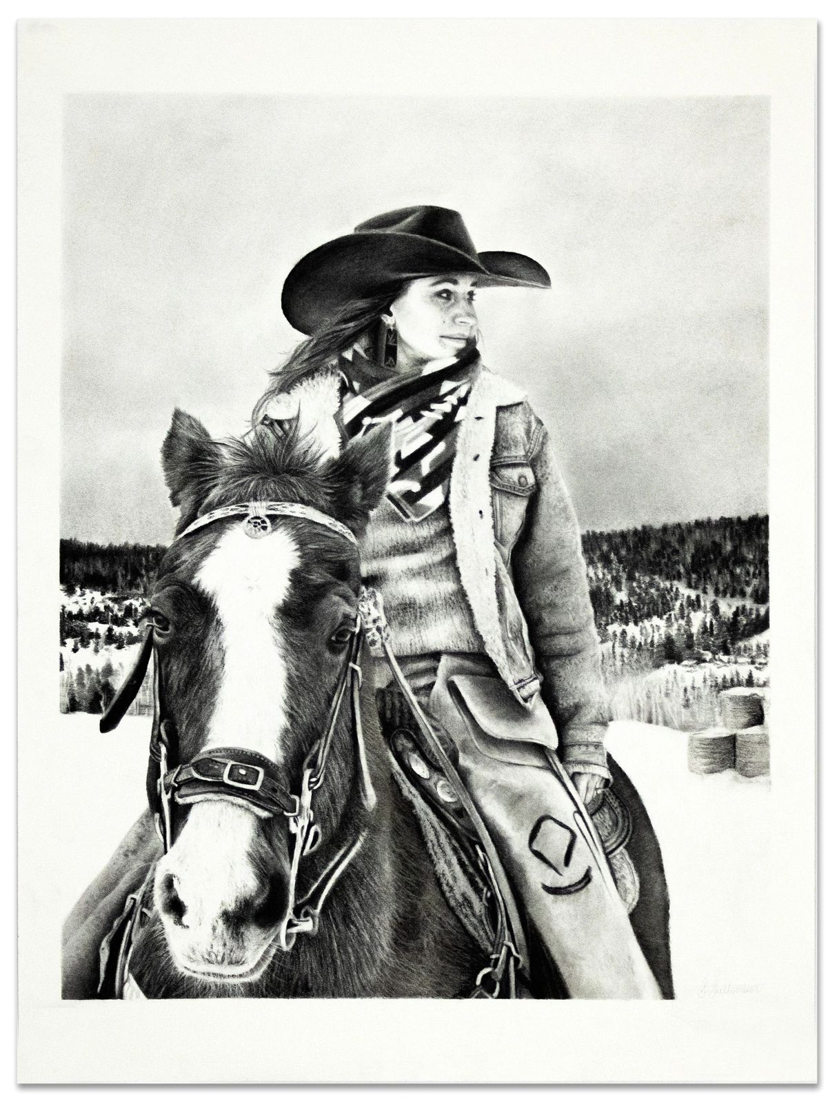 Woman in cowboy attire riding a horse in a snowy landscape.