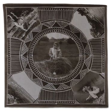 Black and white photo collage with a child gathering hay in the center.