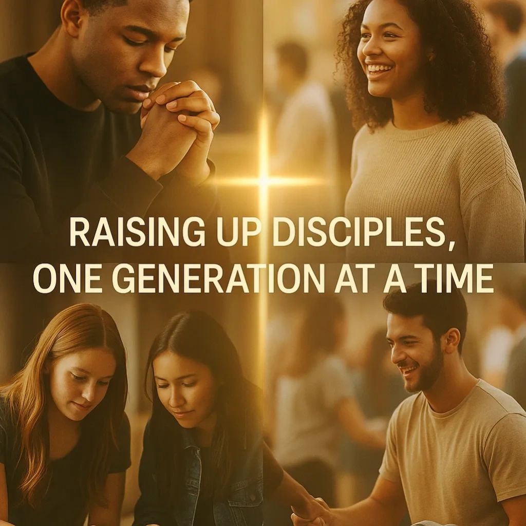 Young adults praying and smiling around a glowing cross with a message about raising disciples.