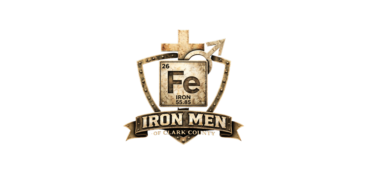 Rustic logo featuring iron element and gender symbols for Iron Men of Clark County.