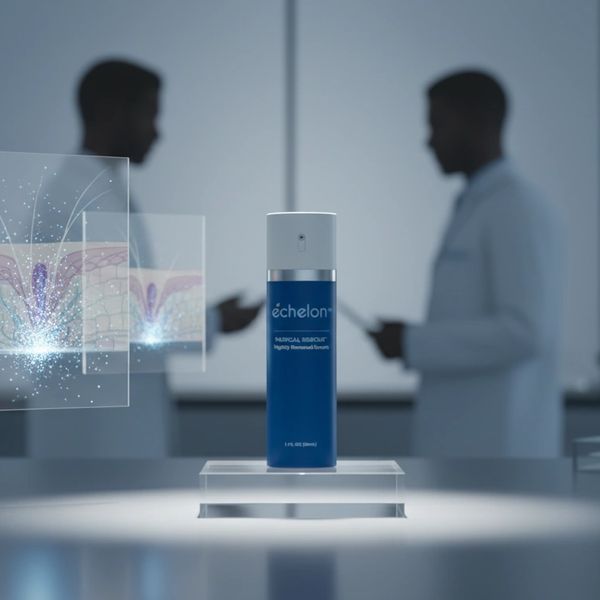 Échelon skincare serum with medical visuals and scientists in background.