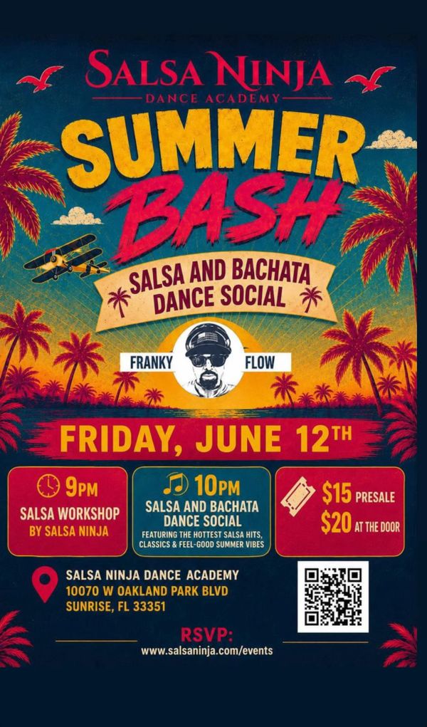 Salsa Ninja Summer Bash dance event with salsa and bachata, June 12th in Sunrise, FL.