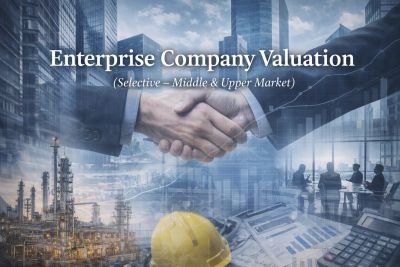 Collage of business handshake, industrial site, and office meeting with text on enterprise valuation.