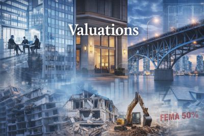 Collage showing urban development, demolition, and FEMA valuation.