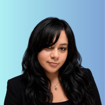 Portrait of a confident woman with long black hair against a blue gradient background.