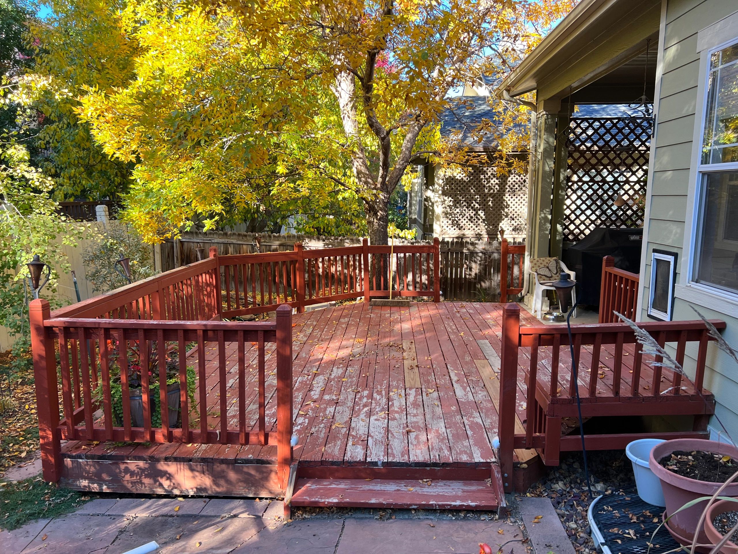 Sunlit red wooden deck with autumn foliage and cozy porch area.