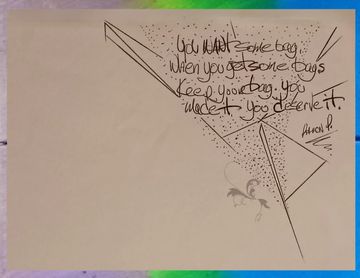 Inspirational handwritten quote with geometric lines and dots on beige paper.