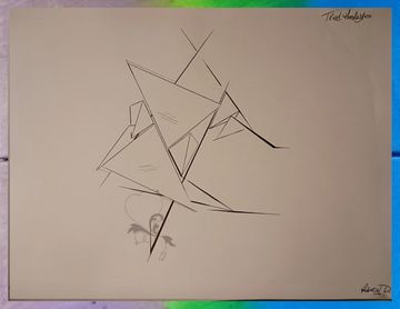 Abstract geometric line drawing with triangular shapes and sharp angles on beige paper.