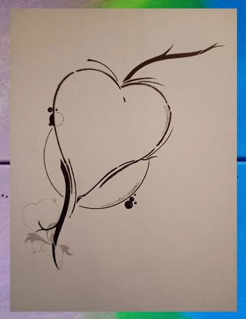 Abstract black ink drawing resembling a stylized heart on white paper.