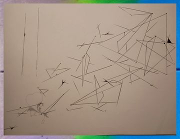 Abstract geometric line drawing with intersecting shapes and arrows.