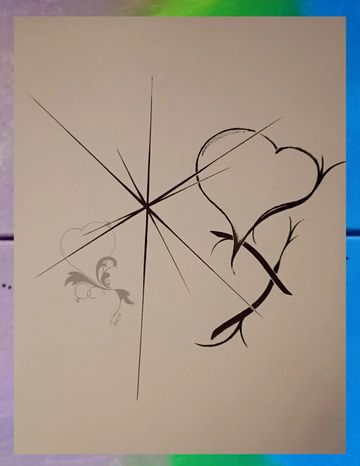 Abstract black ink drawing with intersecting lines and heart shapes.