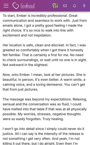 A detailed positive review praising Ember's professionalism and massage experience.