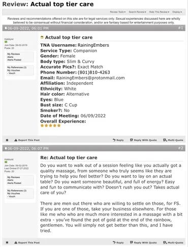 Screenshot of a detailed review and a reply discussing 'Actual top tier care' services.