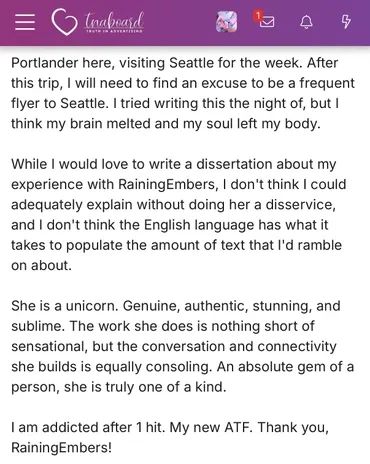 A heartfelt testimonial praising a unique person named RainingEmbers.