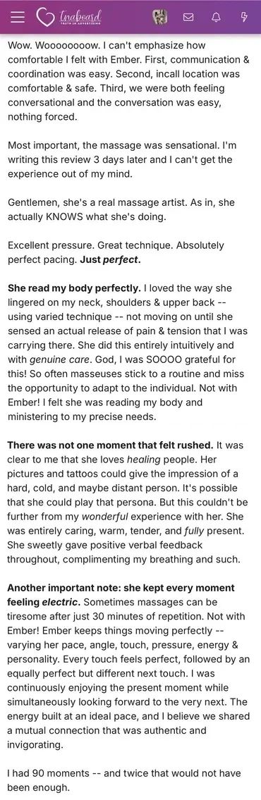 Detailed positive review praising Ember's exceptional massage skills and care.