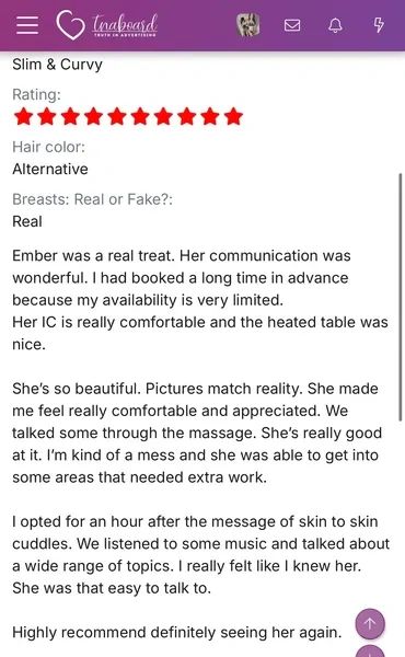 A positive review praising Ember's communication, comfort, and massage skills.