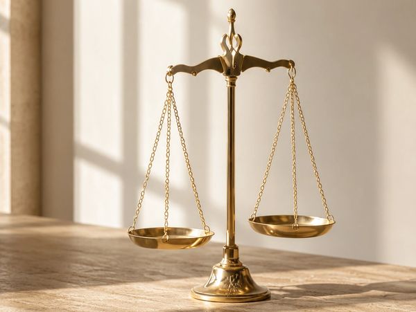 Golden balance scale standing on a wooden surface in soft light.
